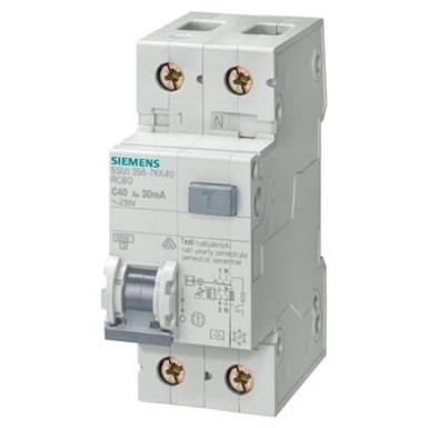 5SU1356-6GV10 - Siemens - RCBO, Icn: 6 kA, 1P+N, tüüp A, 30 mA, B-char, In: 10 A, Un AC: 230 V, lahtiselt pakendatud.