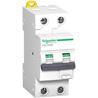 A9D07210 - Schneider Electric - Ülevoolukaitsega jääkvoolukaitselüliti (RCBO), Acti9 iC60, 2P, 16A, C-kõver, 10000A/15kA, AC-tüüp, 30mA