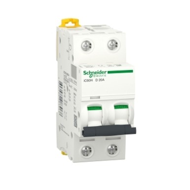 A9F85220 - Schneider Electric - Minikaitselüliti (MCB), Acti9 iC60H, 2P, 20A, D-kõver, 10000A (IEC/EN 60898-1), 15kA (IEC/EN 60947-2)