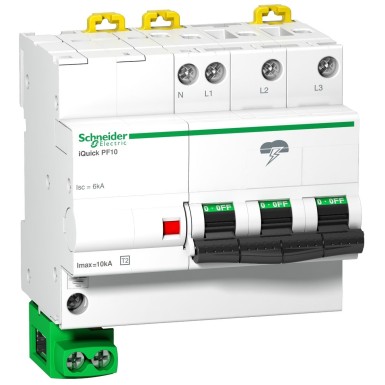 A9L16618 - Schneider Electric - Acti9, iQuick PF10 3P+N 230/400V 10kA liigpinge piiraja, maanduskaabliga koos.