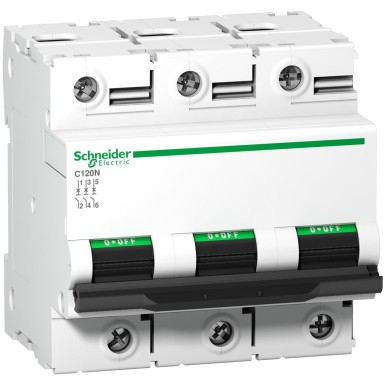 A9N18386 - Schneider Electric - Minikaitselüliti (MCB), Acti9 C120N, 3P, 63A, D-kõver, 10000A (IEC/EN 60898-1), 10kA (IEC/EN 60947-2)