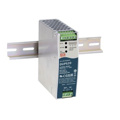 DUPS20 - Mean Well - Katkematu DC-UPS DIN-liistu kontroller; Väljund: 24V DC, 20A; akulaadimisvool 2A (4Ah–135Ah pliiakude jaoks).