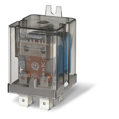 653182300000 - Finder - Elektrimehaaniline elektrirelee; paigaldus Faston 250 (6,3x0,8mm) otsikutesse; 1NO + 1NC 20A; AGCDO kontaktid; mähis 230V AC; RTI kaitseaste; paigaldatud äärik; lisavarustus: Ei