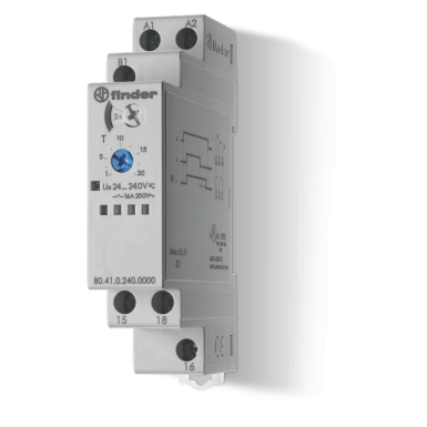 804102400000 - Finder - Modulaarne 1-funktsiooniline taimer (ve); toit 24...240V AC/DC; 1CO 16A; 17,5mm laius; aja reguleerimine 0,1C ... 24h; kaitseaste IP20.