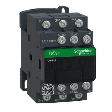 LC1D096B7 - Schneider Electric - Kontaktor, TeSys Deca, 3P(3 NO), AC-3/AC-3e, 0 kuni 440V, 9A, 24VAC 50/60Hz mähis, klemmid ja rõngaklemmid.