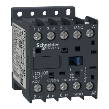 LC1K0610B7 - Schneider Electric - Kontaktor, TeSys K, 3P, AC-3/AC-3e,440V 6A, lisa 1NO, 24V AC mähis, kruviklambrite klemmid.