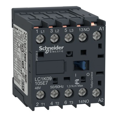 LC1K09105E7 - Schneider Electric - Kontaktor, TeSys K, 3P, AC-3/AC-3e,440V 9A, ab. 1NO, 48V AC mähis, kiirühendused.