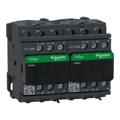 LC2D09B7 - Schneider Electric - Pöördkontaktor, TeSys Deca, 3P(3 NO), AC-3, 0 kuni 440V, 9A, 24VAC 50/60Hz mähis, mehaanilise blokeeringuga.