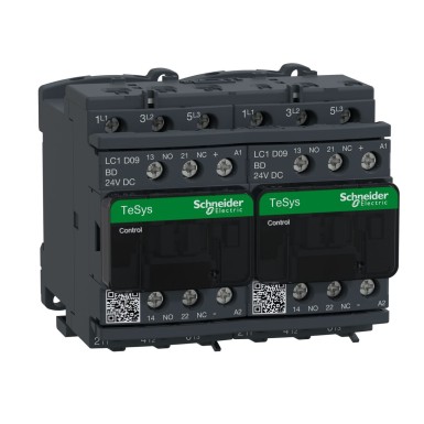 LC2D09BD - Schneider Electric - Pöördkontaktor, TeSys Deca, 3P(3 NO), AC-3, 0 kuni 440V, 9A, 24VDC mähis, elektrilise blokeeringuga.