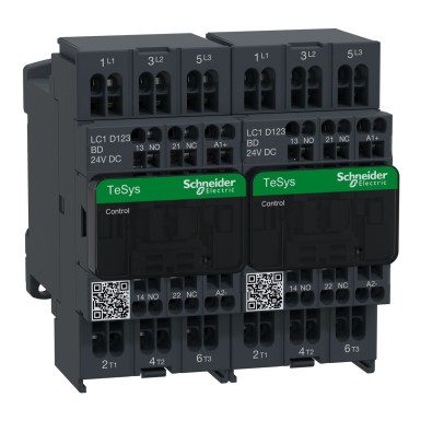 LC2D123BD - Schneider Electric - Pöördekontaktor, TeSys Deca, 3P(3 NO), AC-3, 0 kuni 440V, 12A, 24VDC mähis, vedru.