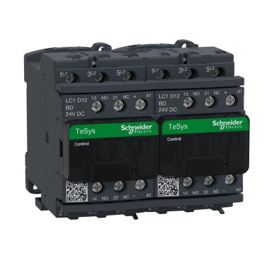 LC2D12BD - Schneider Electric - Pöördkontaktor, TeSys Deca, 3P(3 NO), AC-3, 0 kuni 440V, 12A, 24VDC mähis, elektrilise blokeeringuga.