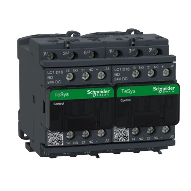 LC2D18BD - Schneider Electric - Pöördkontaktor, TeSys Deca, 3P(3 NO), AC-3, 0 kuni 440V, 18A, 24VDC mähis, elektrilise blokeeringuga.