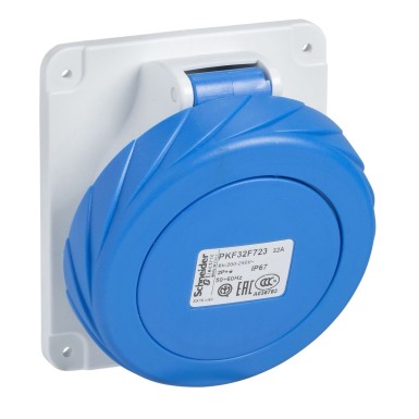 PKF32F723 - Schneider Electric - PratiKa pistikupesa - kruviga - nurga all - 32A - 2P+E - 200...250 V AC - paneel.