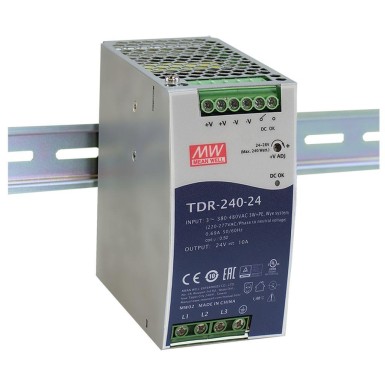 TDR-240-24 - Mean Well - AC-DC tööstuslik 3-faasiline DIN-liistu toiteallikas PFC ja püsivooluga; Väljund: 24V DC, 10A; DC OK indikaator.