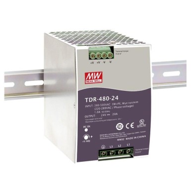 TDR-480-24 - Mean Well - AC-DC tööstuslik 3-faasiline DIN-liistu toiteallikas PFC ja püsivooluga; Väljund: 24V DC, 20A.