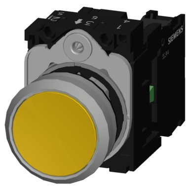 3SU1150-0AB30-1BA0 - Surunupp, 22 mm, ümmargune, metall, läikiv, kollane, surunupp, lame, hetkekontakt, hoidikuga. - Siemens - Surunupp, 22 mm, ümmargune, metall, läikiv, kollane, surunupp, lame, hetkekontakt, hoidikuga. - Siemens - 3