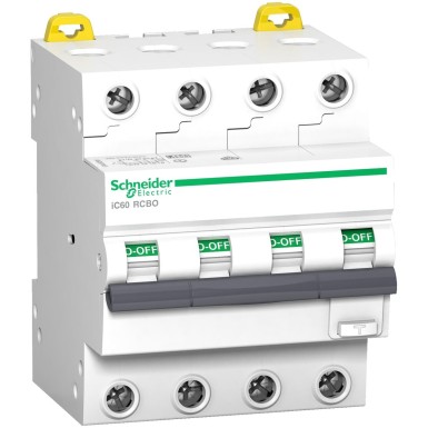 A9D55410 - Ülevoolukaitsega jääkvoolukaitselüliti (RCBO), Acti9 iC60, 4P, 10A, C-kõver, 6000A/6kA, AC-tüüpi, 300mA - Schneider Electric - Ülevoolukaitsega jääkvoolukaitselüliti (RCBO), Acti9 iC60, 4P, 10A, C-kõver, 6000A/6kA, AC-tüüpi, 300mA - Schneider Electric - 0