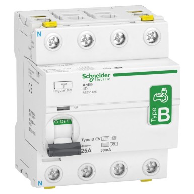 A9Z51425 - Jääkvoolukaitselüliti (RCCB), Acti9 iID, 4P, 25A, B-EV (elektrisõiduk) tüüp, 30mA, topeltklemm, kaksikliidesed - Schneider Electric - Jääkvoolukaitselüliti (RCCB), Acti9 iID, 4P, 25A, B-EV (elektrisõiduk) tüüp, 30mA, topeltklemm, kaksikliidesed - Schneider Electric - 0