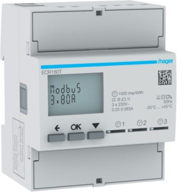 ECR180T - 1Ph kWhmeeter otse 3x80A 4M MODBUS - Hager - 1Ph kWhmeeter otse 3x80A 4M MODBUS - Hager - 0