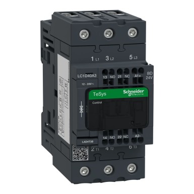 LC1D40A3BD - Kontaktor, TeSys Deca, 3P(3 NO), AC-3/AC-3e, 0 kuni 440 V, 40 A, 24 VDC standardne mähis, vedruga - Schneider Electric - Kontaktor, TeSys Deca, 3P(3 NO), AC-3/AC-3e, 0 kuni 440 V, 40 A, 24 VDC standardne mähis, vedruga - Schneider Electric - 0