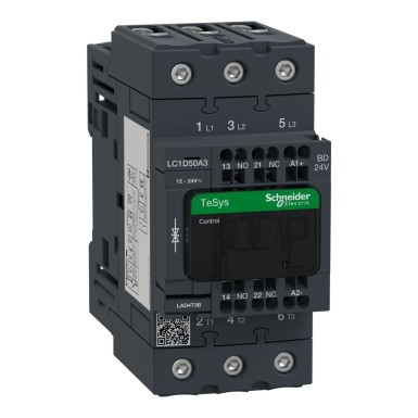 LC1D50A3BD - Kontaktor, TeSys Deca, 3P(3 NO), AC-3/AC-3e, 0 kuni 440 V, 50 A, 24 VDC standardne mähis, vedruga - Schneider Electric - Kontaktor, TeSys Deca, 3P(3 NO), AC-3/AC-3e, 0 kuni 440 V, 50 A, 24 VDC standardne mähis, vedruga - Schneider Electric - 0