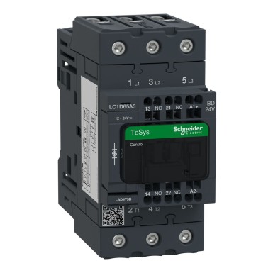 LC1D65A3BD - Kontaktor, TeSys Deca, 3P(3 NO), AC-3/AC-3e, 0 kuni 440 V, 65 A, 24 VDC standardne mähis, vedruga - Schneider Electric - Kontaktor, TeSys Deca, 3P(3 NO), AC-3/AC-3e, 0 kuni 440 V, 65 A, 24 VDC standardne mähis, vedruga - Schneider Electric - 0