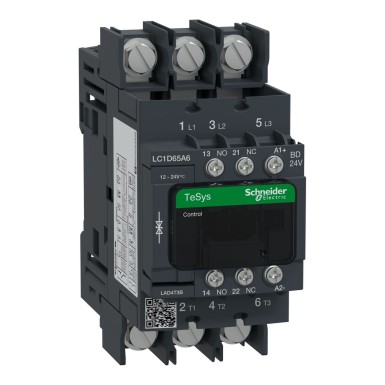 LC1D65A6BD - Kontaktor, TeSys Deca, 3P(3 NO), AC-3/AC-3e, 0 kuni 440V, 65A, 24VDC standard mähis, klemmid-rõngaga klemmid. - Schneider Electric - Kontaktor, TeSys Deca, 3P(3 NO), AC-3/AC-3e, 0 kuni 440V, 65A, 24VDC standard mähis, klemmid-rõngaga klemmid. - Schneider Electric - 0