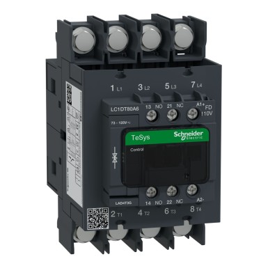 LC1DT80A6FD - Kontaktor, TeSys Deca, 4P(4 NO), AC-1, 0 kuni 440V, 80A, 110V DC standardmähis, rõngaklemmid. - Schneider Electric - Kontaktor, TeSys Deca, 4P(4 NO), AC-1, 0 kuni 440V, 80A, 110V DC standardmähis, rõngaklemmid. - Schneider Electric - 0