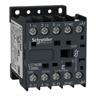 LC1K06106BLS207 - Kontaktor, TeSys K, 3P, AC-3 <=440V 6A, 1NO abipool, 24V DC madala tarbimisega mähis. - Schneider Electric - Kontaktor, TeSys K, 3P, AC-3 <=440V 6A, 1NO abipool, 24V DC madala tarbimisega mähis. - Schneider Electric - 0