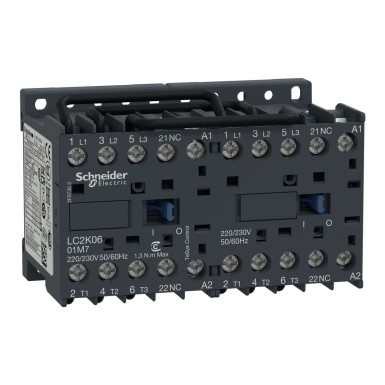 LC2K0601B7 - pöördkontaktor, TeSys K, 3P, AC-3/AC-3e,440V 6A, 1NC, 24V AC mähis, kruviklambrite klemmid - Schneider Electric - pöördkontaktor, TeSys K, 3P, AC-3/AC-3e,440V 6A, 1NC, 24V AC mähis, kruviklambrite klemmid - Schneider Electric - 0