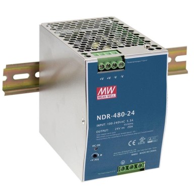 NDR-480-24 - AC-DC tööstuslik DIN-liistu toiteallikas; Väljund: 24V DC, 20A; metallkorpus. - Mean Well - AC-DC tööstuslik DIN-liistu toiteallikas; Väljund: 24V DC, 20A; metallkorpus. - Mean Well - 0