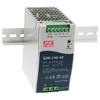 SDR-240-24 - AC-DC tööstuslik DIN-liistu toiteallikas; Väljund: 24V DC, 10A; metallkorpus; üliõhuke (63 mm). - Mean Well - AC-DC tööstuslik DIN-liistu toiteallikas; Väljund: 24V DC, 10A; metallkorpus; üliõhuke (63 mm). - Mean Well - 0