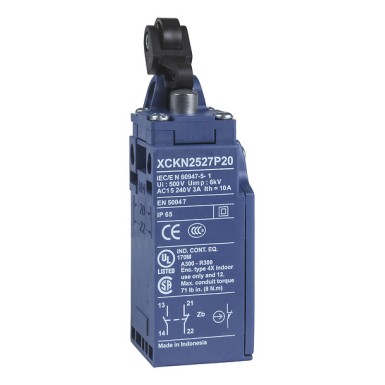 XCKN2127P20C - Limit switch, Limit switches XC Standard - Telemecanique - Limit switch, Limit switches XC Standard, XCKN, thermoplastic plastic roller lever plung. Ver, 1NC+1 NO, snap, M20 - Telemecanique - 0